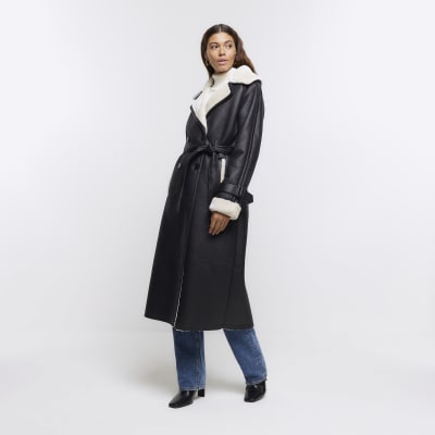 River island black store maximus belted shearling jacket