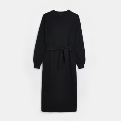 Black belted sweatshirt midi dress