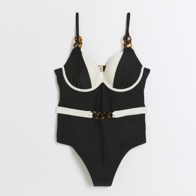 Black belted swimsuit River Island
