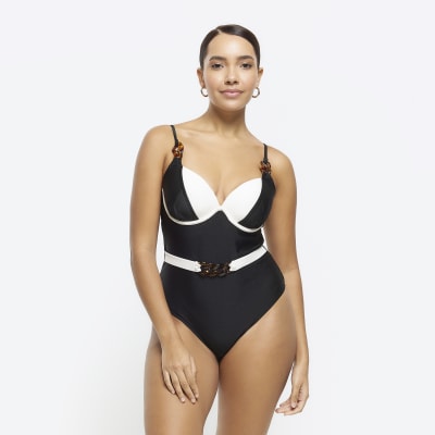 Black belted swimsuit River Island