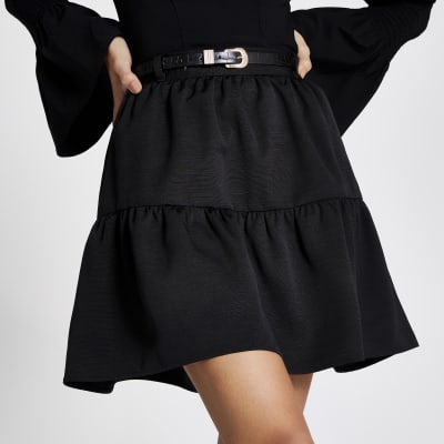 Black belted tiered mini skirt River Island