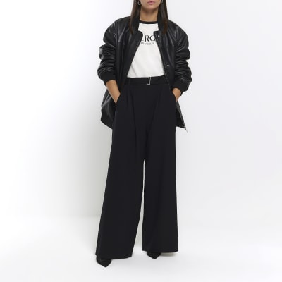 Black belted wide leg trousers sale