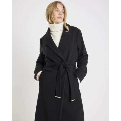 Black Belted Wrap Coat River Island