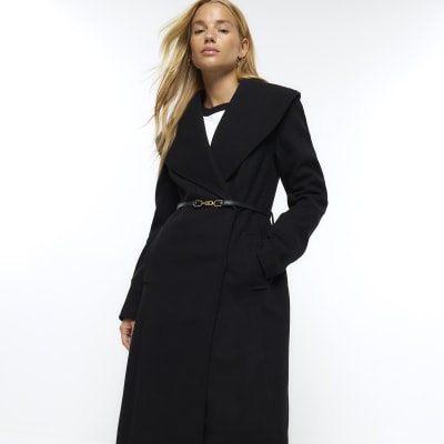 Black belted wrap longline coat River Island