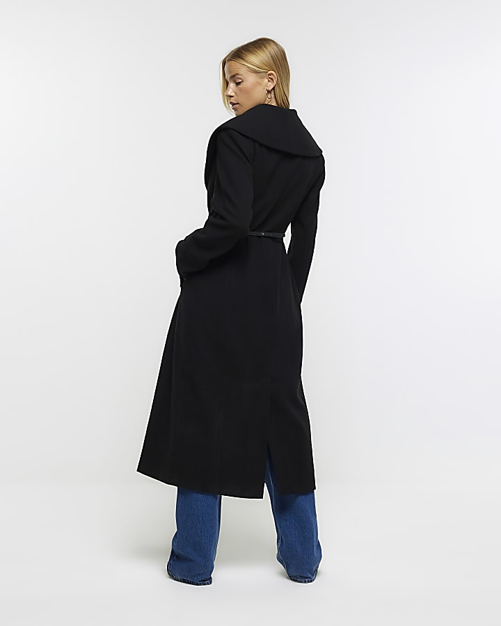 Black belted wrap longline coat