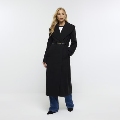 Black belted wrap longline coat | River Island