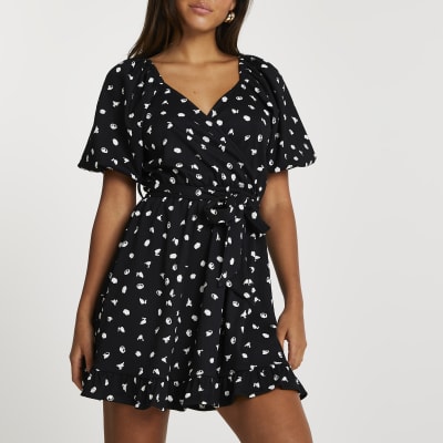 Black belted wrap mini dress