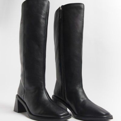 Black block heel knee high boots River Island