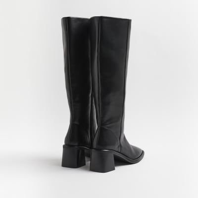 Black block heel knee high boots River Island