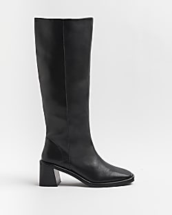 Black block heel knee high boots