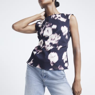 Black blur floral shoulder pad top