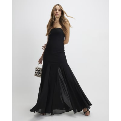 Black Bodycon Godet Skirt Maxi Dress