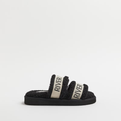 borg double strap slippers | River Island