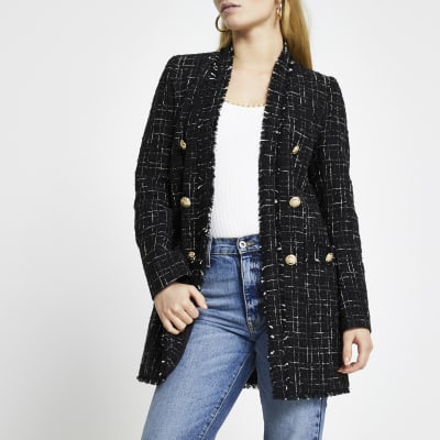 Black boucle button front jacket | River Island