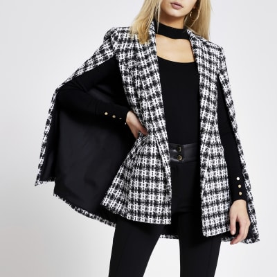 Black boucle check belted cape jacket | River Island