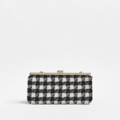 Black boucle check clutch bag River Island