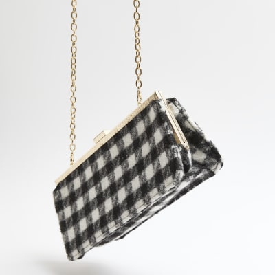 Black boucle check clutch bag River Island