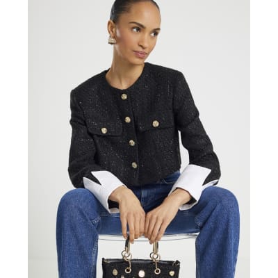 Black Boucle Cropped Hybrid Jacket