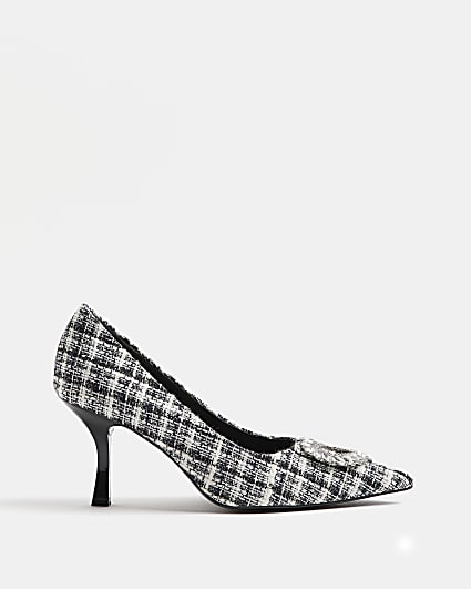 Black boucle embellished heeled court shoes
