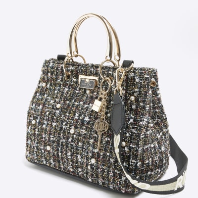 Black boucle embellished tote bag River Island