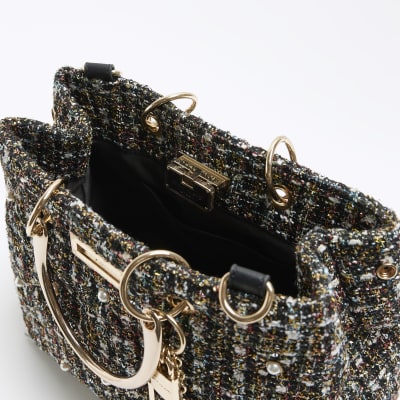 Black boucle embellished tote bag River Island