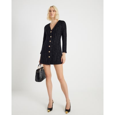 Black Boucle Long Sleeve Plunge Mini Dress
