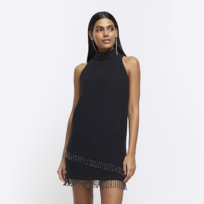 River Island Womens Black Boucle Pearl Trim Shift Mini Dress