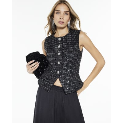 Black Boucle Sleeveless Sequin Waistcoat