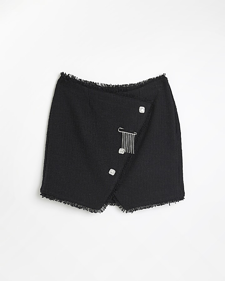 Black boucle wrap mini skirt