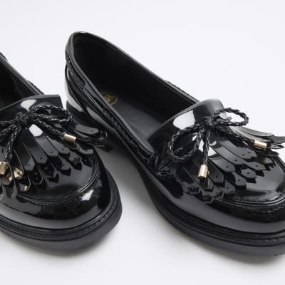 Black bow fringe loafers River Island