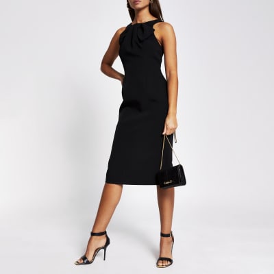 Black bow neck bodycon midi dress 