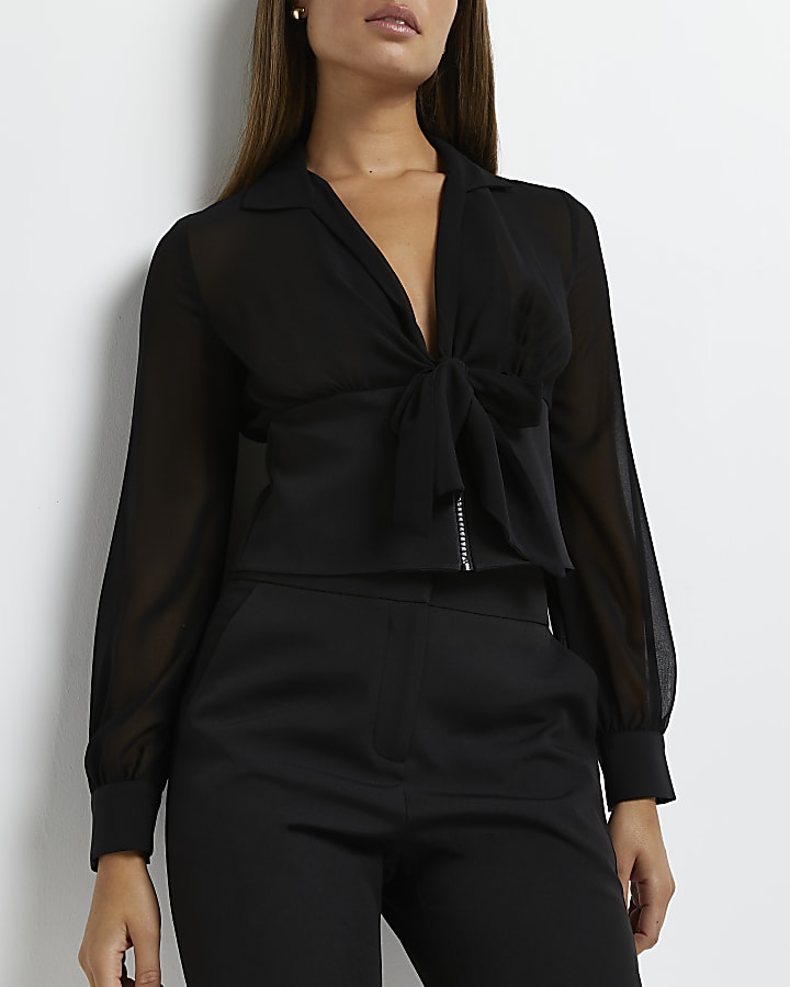 Black bow neck cropped blouse