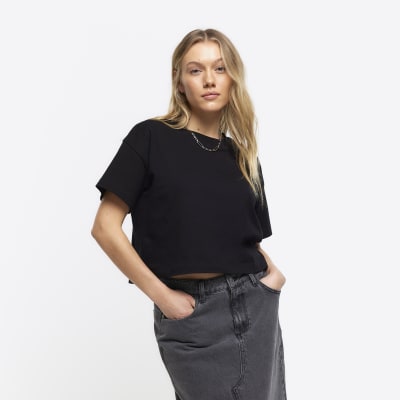 Black Boxy Cropped T-Shirt | River Island