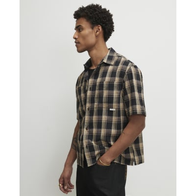 Black Boxy Fit Check Short Sleeve Shirt