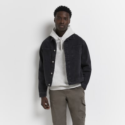Black boxy fit chest pocket denim jacket River Island