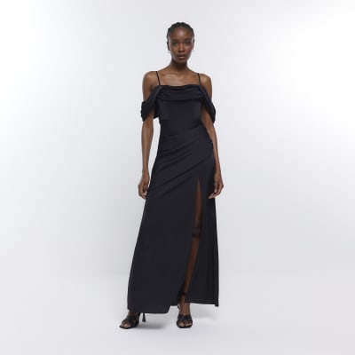 Black Bridesmaid Bardot Maxi Dress | River Island