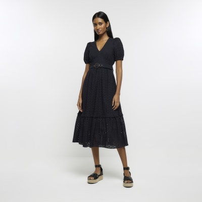 Black broderie belted swing midi dress | River Island