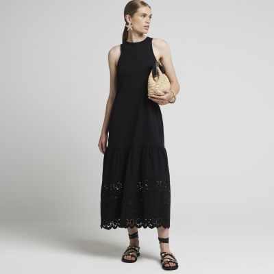 River Island Womens Black Broderie Hem Shift Midi Dress