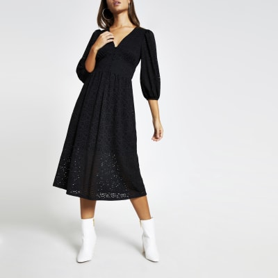 black broderie midi dress