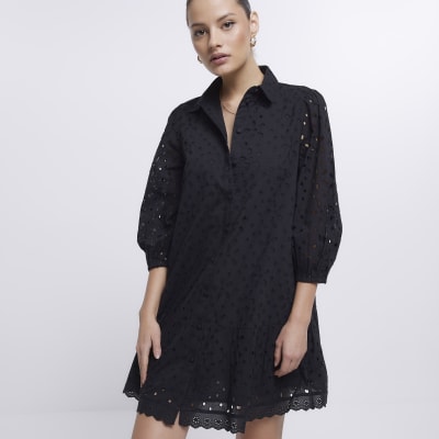 Black broderie long sleeve mini shirt dress