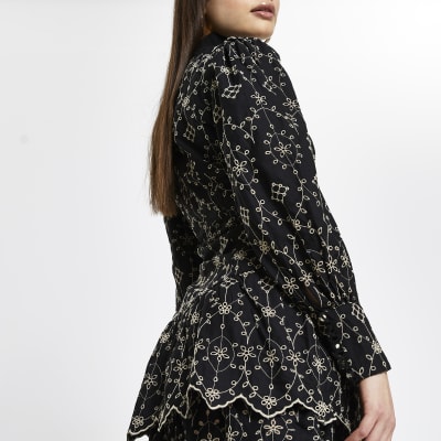 Black broderie long sleeve mini shirt dress