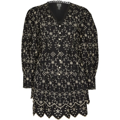 Black broderie long sleeve mini shirt dress