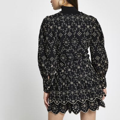 Black broderie long sleeve mini shirt dress