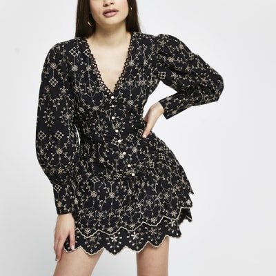 Black broderie long sleeve mini shirt dress | River Island