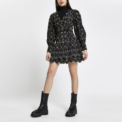 Black broderie long sleeve mini shirt dress