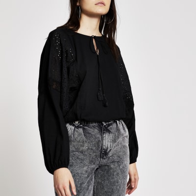 Black broderie panel batwing sleeve blouse | River Island