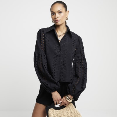 River Island Womens Black Broderie Puff Sleeve Shirt