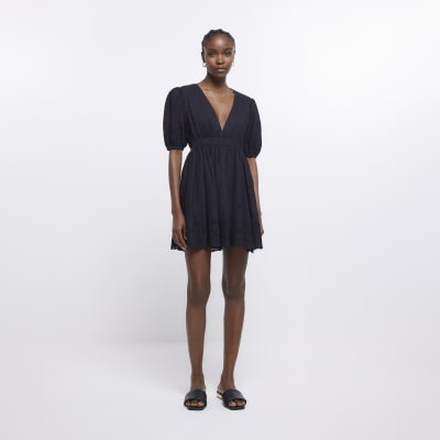 Black broderie skater mini dress | River Island
