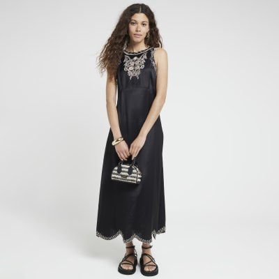 River Island Womens Black Broderie Slip Midi Dress