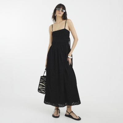 Black Broderie Tie Detail Midi Dress
